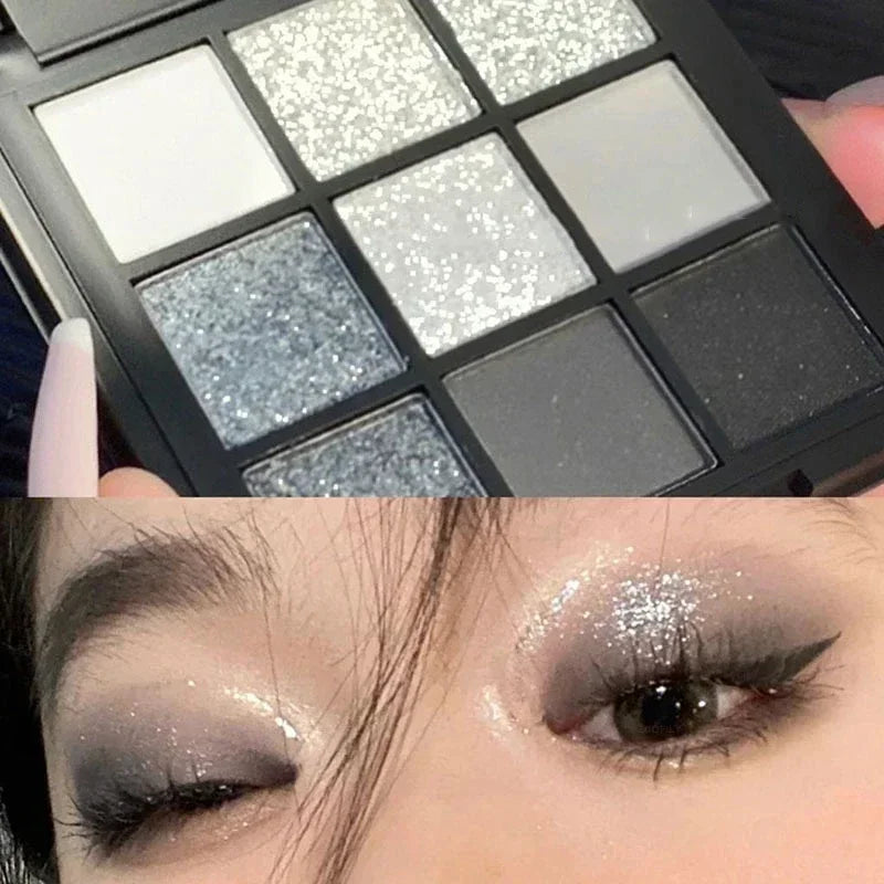 9 Colors Punk Smokey Matte Glitter Eyeshadow Palette Shimmer Eye Shadow Makeup Palette Cool Toned Gray Black Eye Pigment Palett