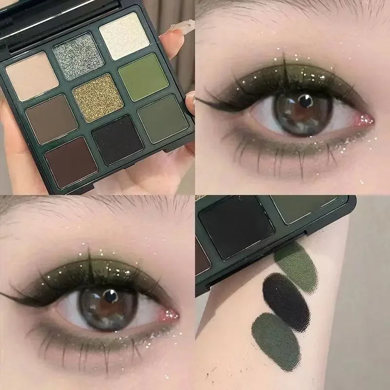 9 Colors Black Green Contrast Olive Green Eyeshadow Palette Small Smoke Dark Witch ~ Paris Garden Nine Color Eyeshadow Hray